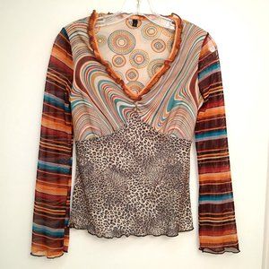 Long Sleeve Striped Animal Print Top - Size 1 XS